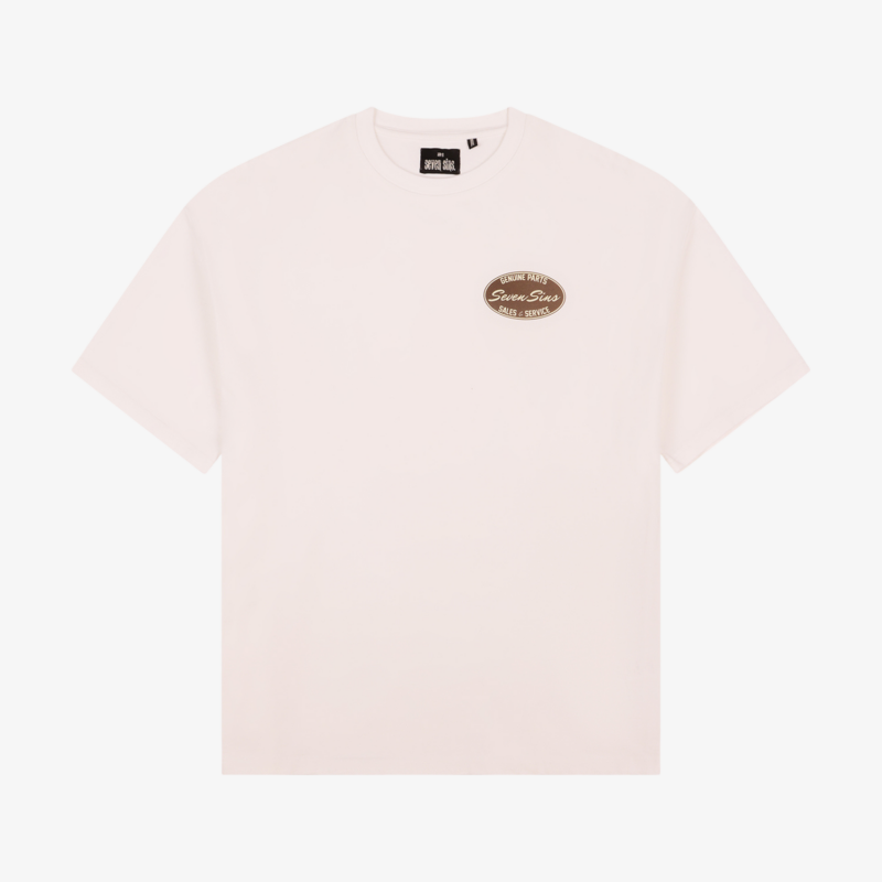 front of seven sins sales & service white t-shirt flat