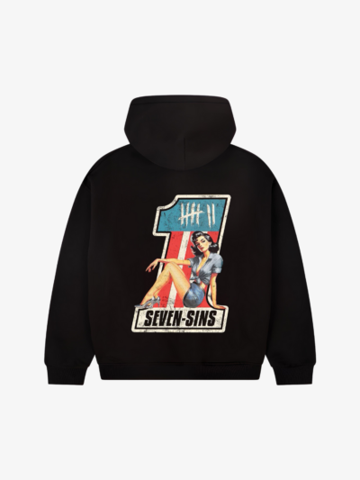 back of seven sins racers muse black hoodie flat