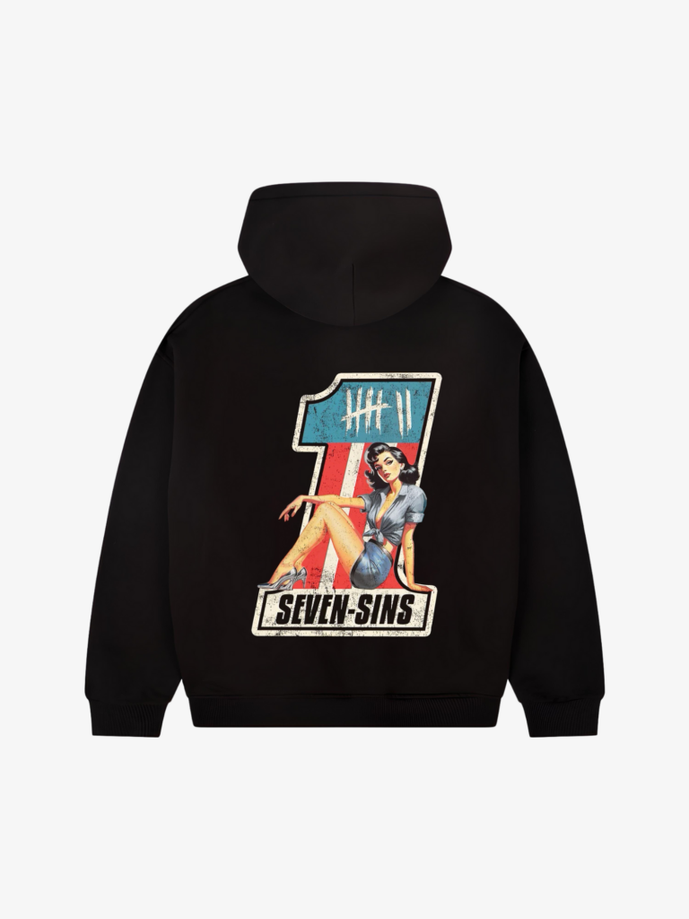 back of seven sins racers muse black hoodie flat