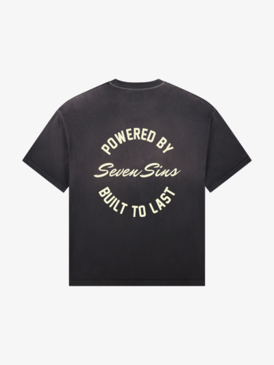 back of seven sins built to last vintage black t-shirt flat