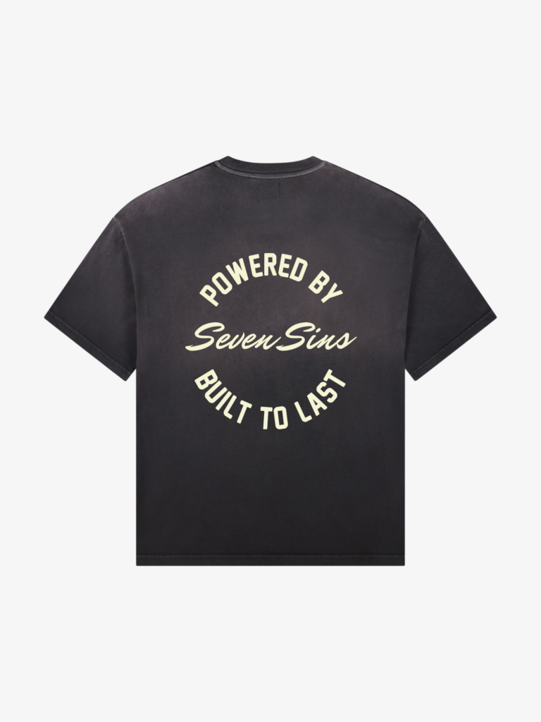 back of seven sins built to last vintage black t-shirt flat