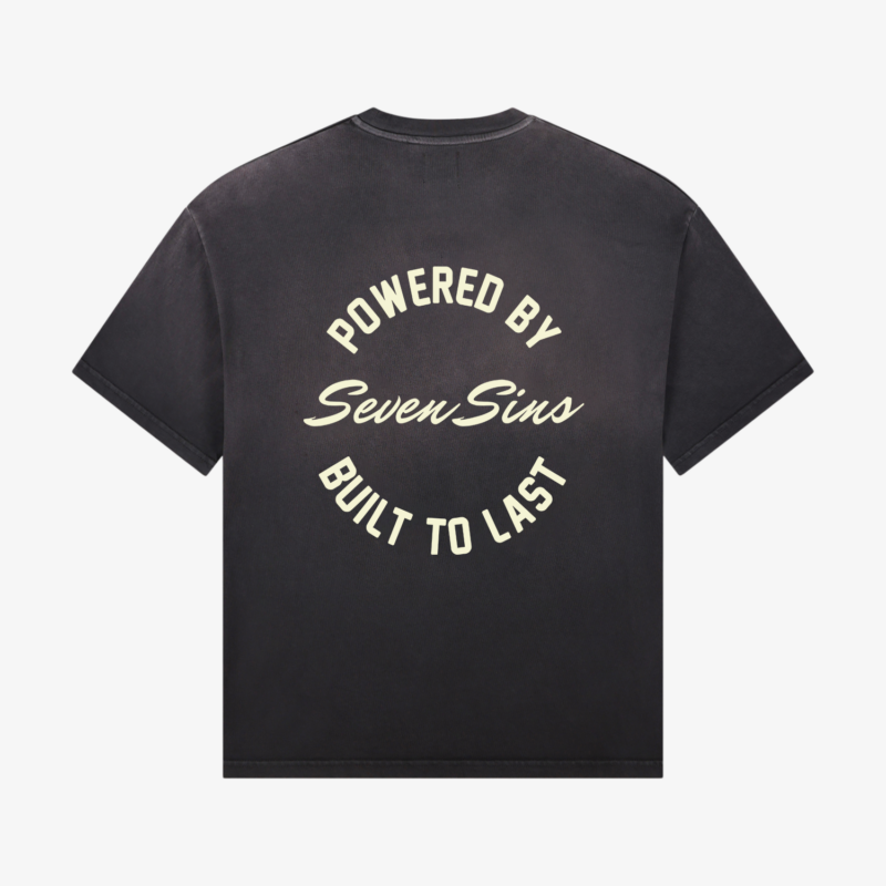 back of seven sins built to last vintage black t-shirt flat