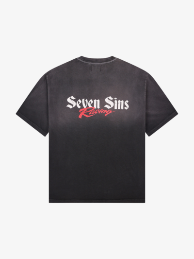 back of seven sins racing t-shirt vintage black flat