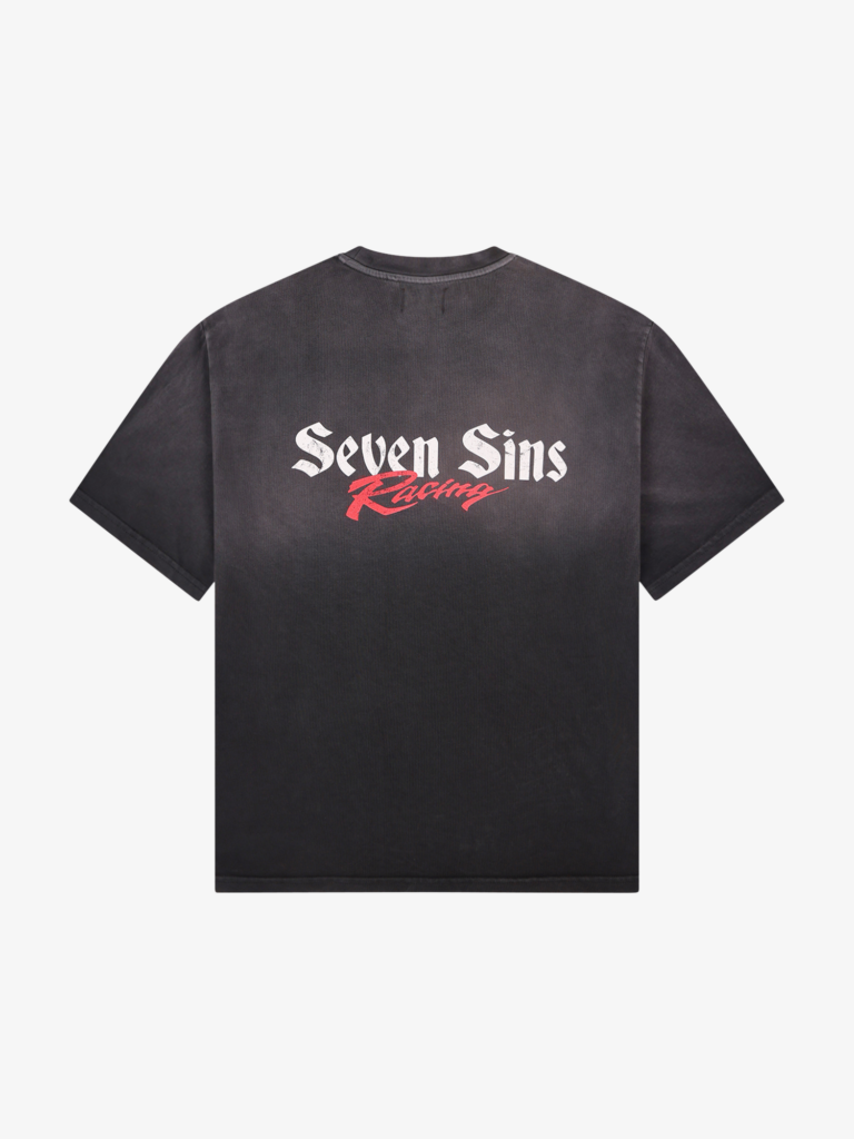back of seven sins racing t-shirt vintage black flat