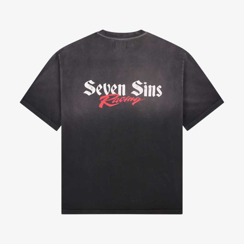 back of seven sins racing t-shirt vintage black flat