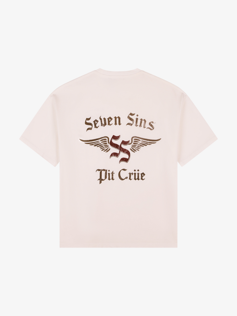 back of seven sins pit crüe white t shirt flat