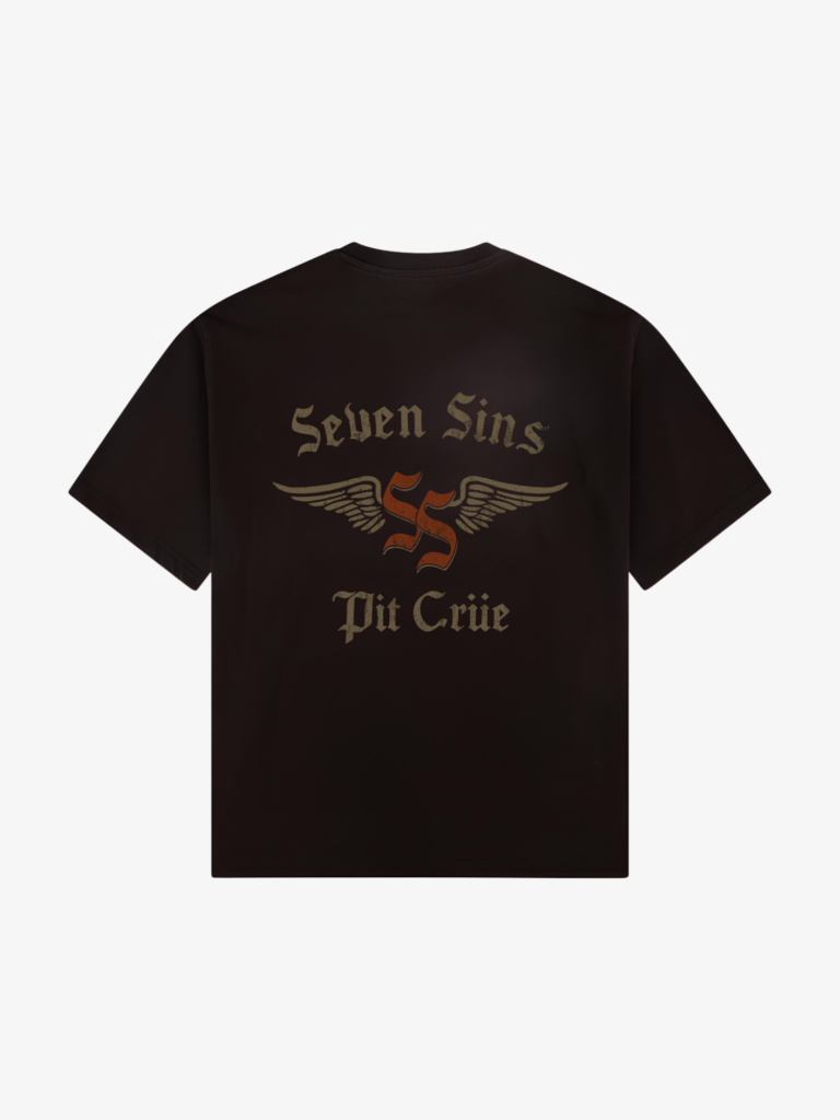 back of seven sins pit crüe black t-shirt flat