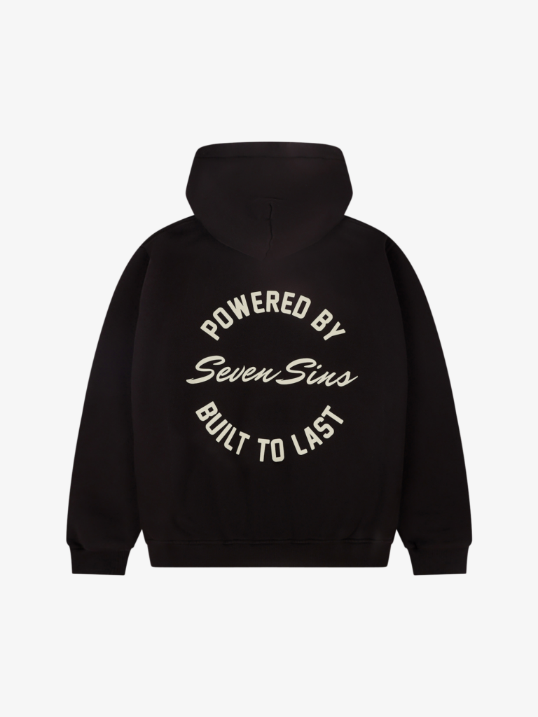 back of seven sins built to last black hoodie flat