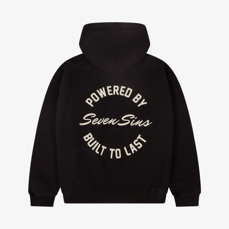 back of seven sins built to last black hoodie flat