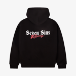 back of seven sins racing black hoodie flat