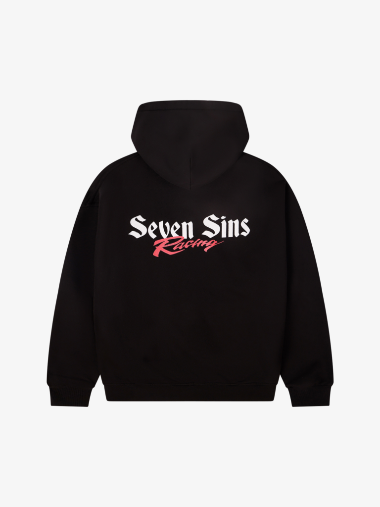 back of seven sins racing black hoodie flat