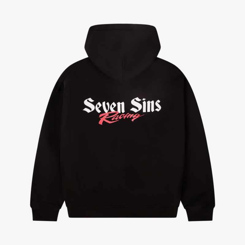 back of seven sins racing black hoodie flat