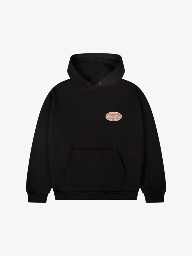 front of seven sins sales & service black hoodie flat