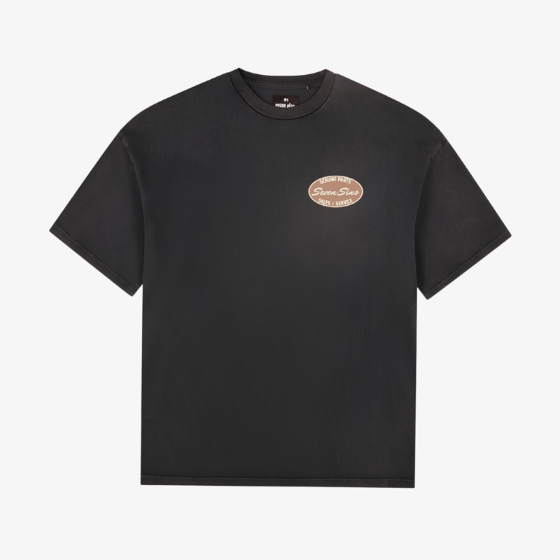 front of seven sins sales & service t-shirt vintage black flat