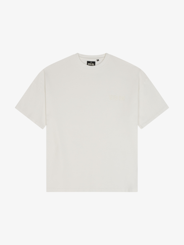 Seven Sins Text Flat lay front white Tee