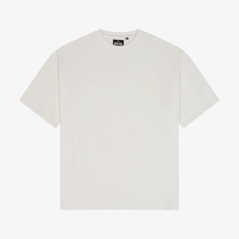 Seven Sins Text Flat lay front white Tee