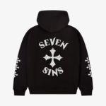 back of seven sins cross black hoodie flat