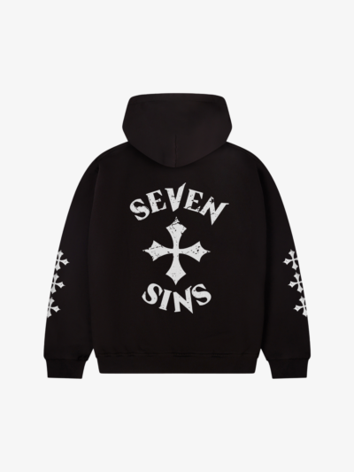 back of seven sins cross black hoodie flat
