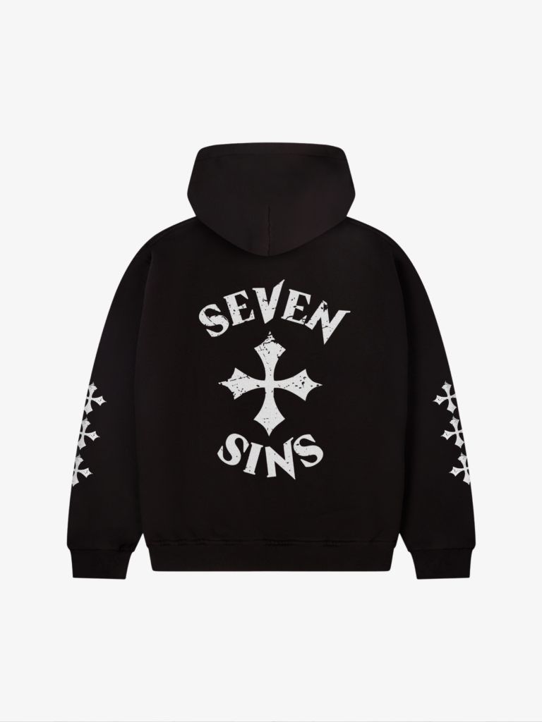 back of seven sins cross black hoodie flat
