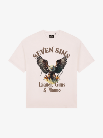 front of seven sins liquor, guns & ammo t-shirt white flat