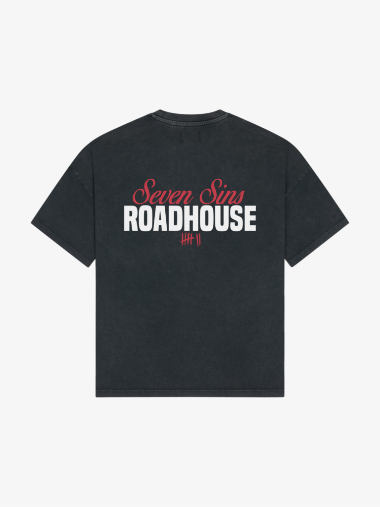 back of seven sins roadhouse t-shirt vintage black flat