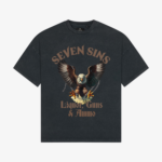 front of seven sins liquor, guns & ammo vintage black t-shirt flat
