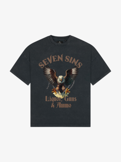 front of seven sins liquor, guns & ammo vintage black t-shirt flat