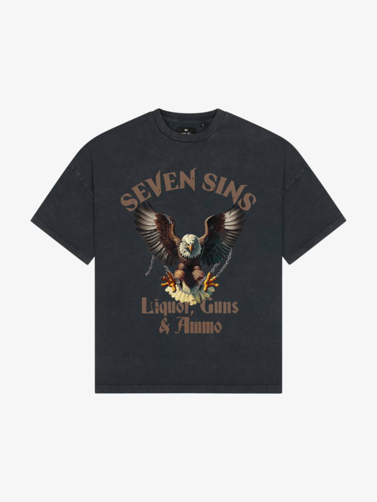 front of seven sins liquor, guns & ammo vintage black t-shirt flat