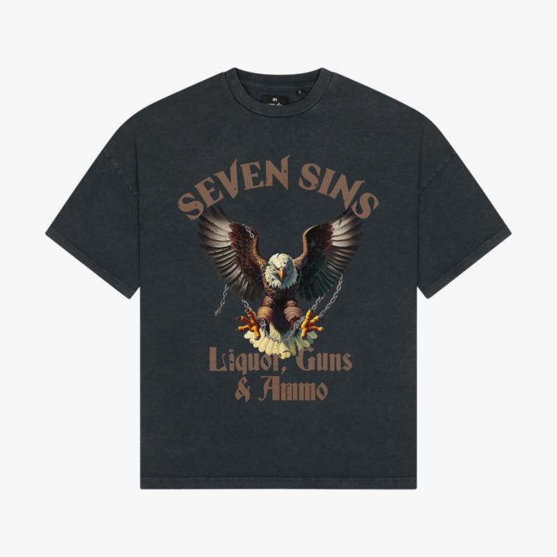 front of seven sins liquor, guns & ammo vintage black t-shirt flat