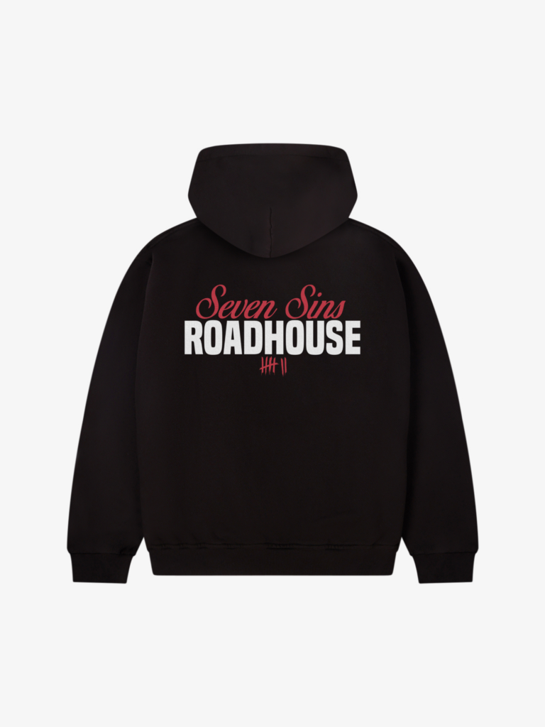 back of seven sins roadhouse black hoodie flat