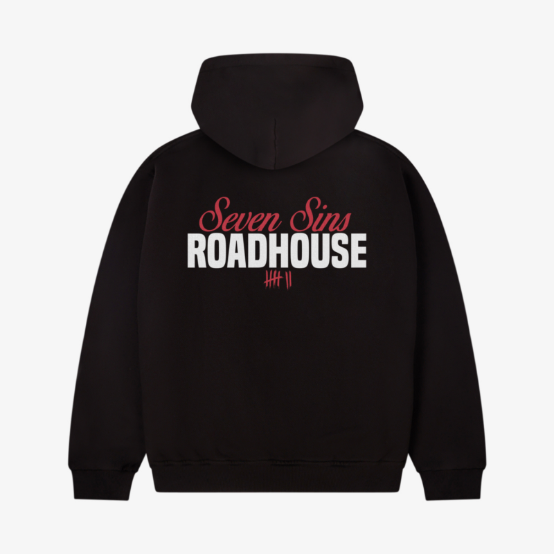 back of seven sins roadhouse black hoodie flat